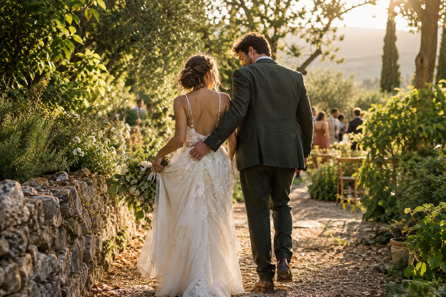 Newly married couple walking together after an outdoor ceremony