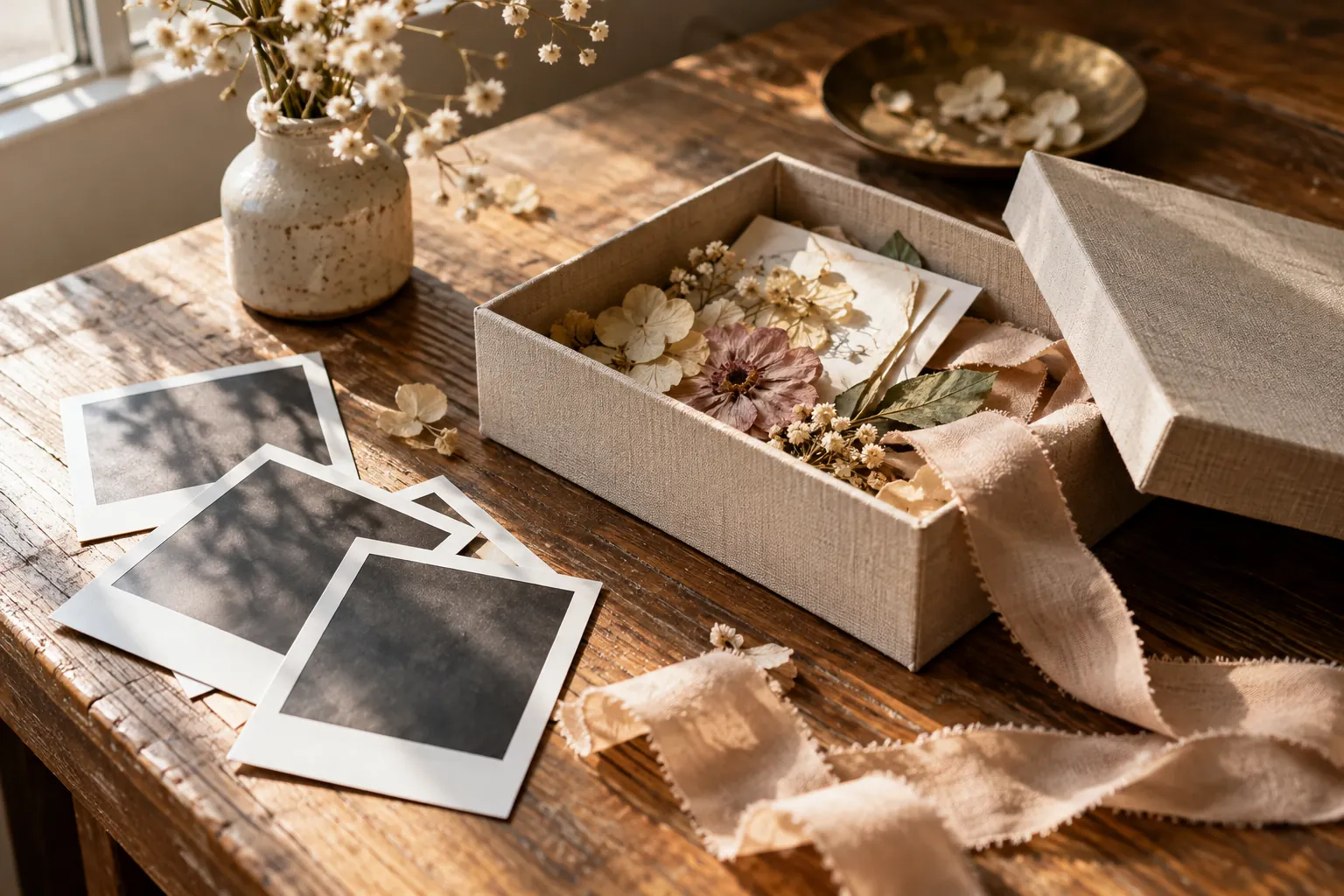 Box of preserved wedding mementos and photographs